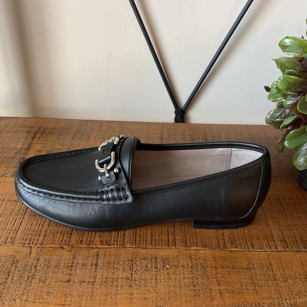 Donald Pliner Suzy Black Leather Horsebit Buckle Loafers Womens 7.5 Flats Shoes